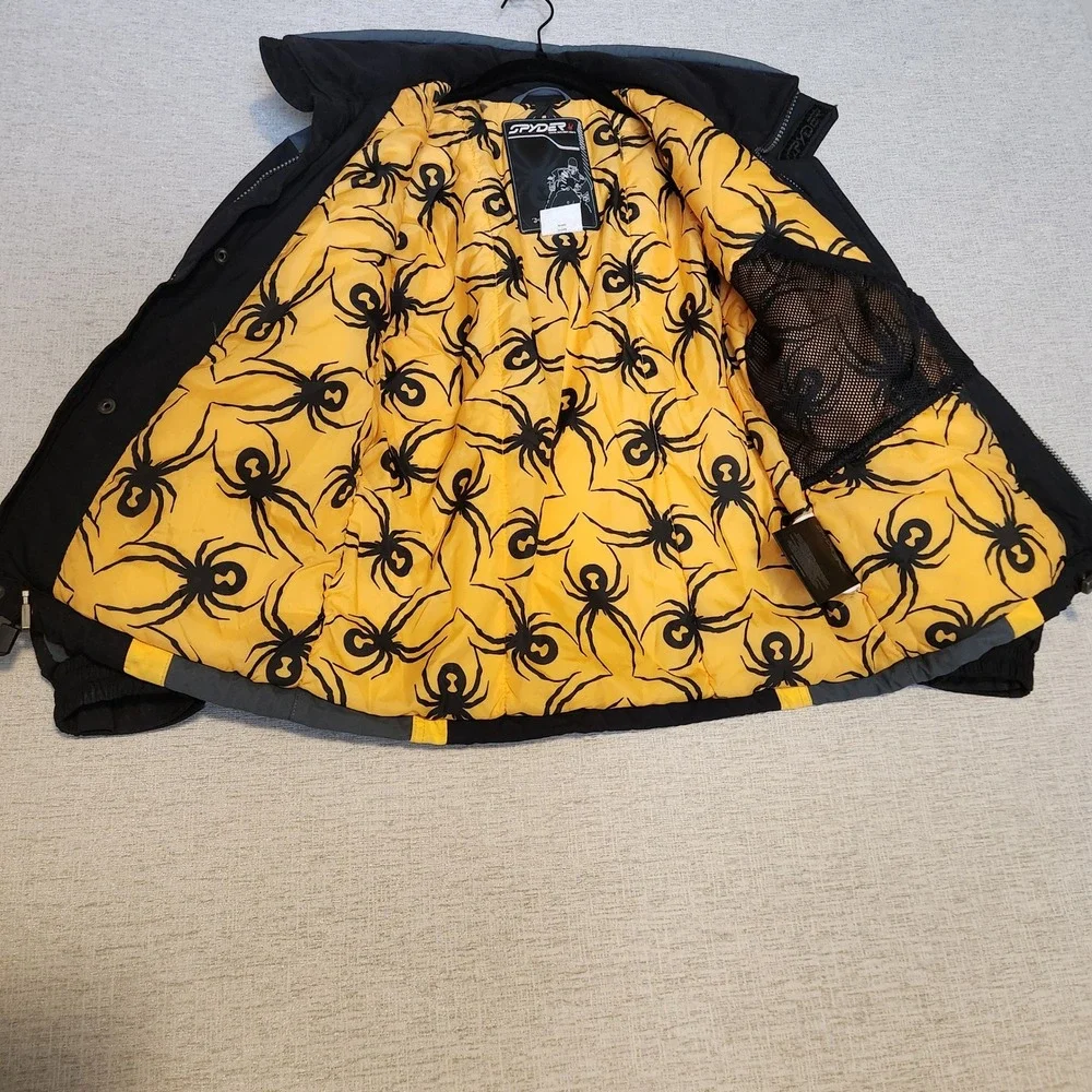 Spyder Ski Jacket Boys Size 12 Black Yellow Grey Insulated Hooded Winter Coat